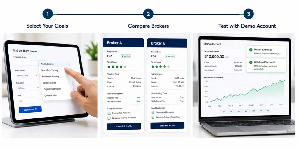 Three stage financial journey showing goal selection broker comparison and demo account testing with performance growth and successful withdrawal indicators