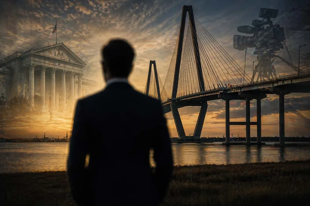 Blurred suited figure facing Arthur Ravenel Jr Bridge at sunset with courthouse and camera elements symbolizing Thomas Ravenel public life and legacy