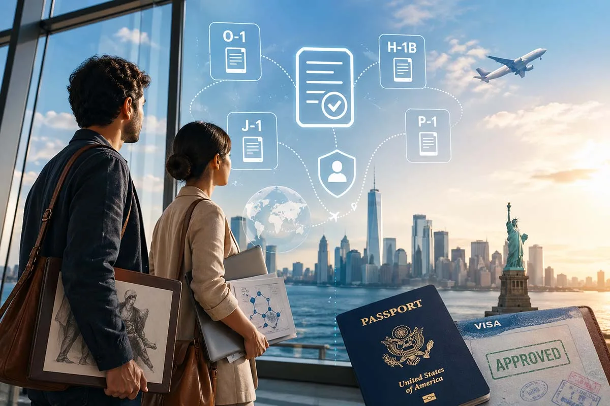 Artists and researchers at airport viewing U.S. skyline with passport and visa approval icons representing U.S. visa options for artists and researchers