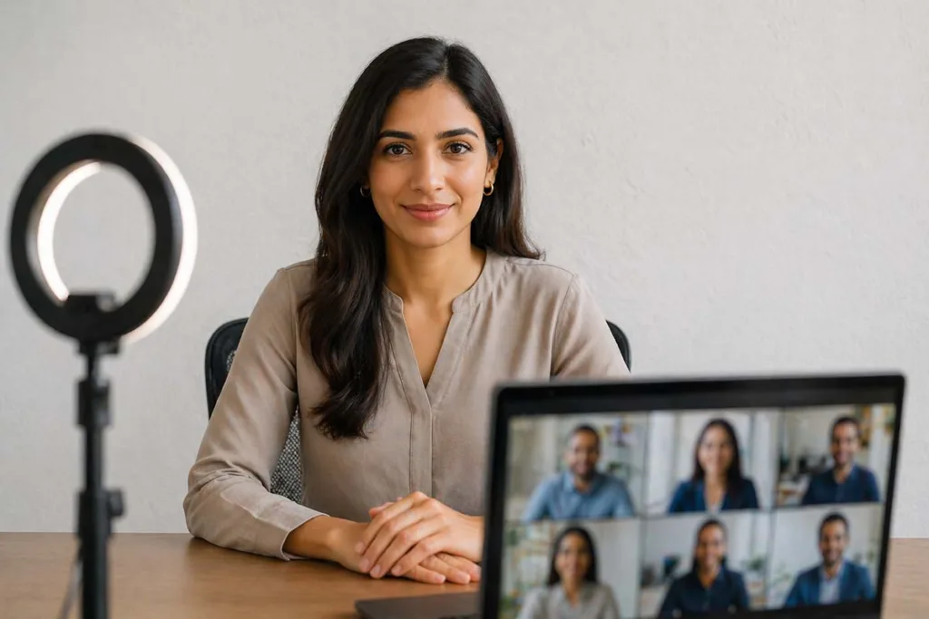 Virtual meeting etiquette example showing a professional woman maintaining eye contact with the laptop camera in a clean well lit home office setup