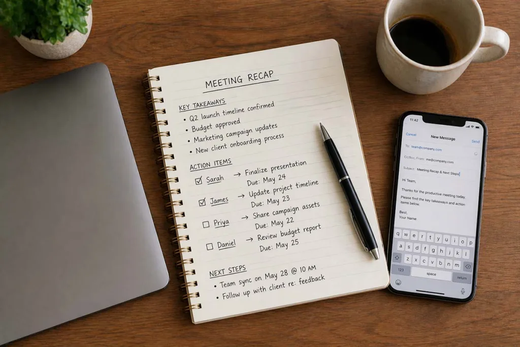 Virtual meeting etiquette workflow showing post meeting notes action items and follow up email draft on a clean organized desk with notebook laptop and coffee mug