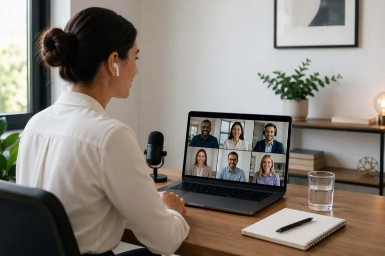 Professional virtual meeting etiquette setup with a person attending a video conference on a laptop in a clean modern home office environment