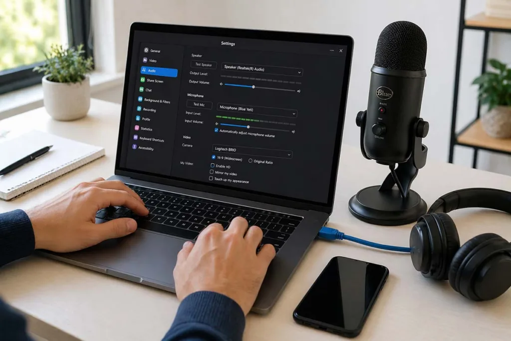 Close up of virtual meeting etiquette preparation showing hands adjusting laptop video conferencing settings with microphone headphones and ethernet connection on a clean desk