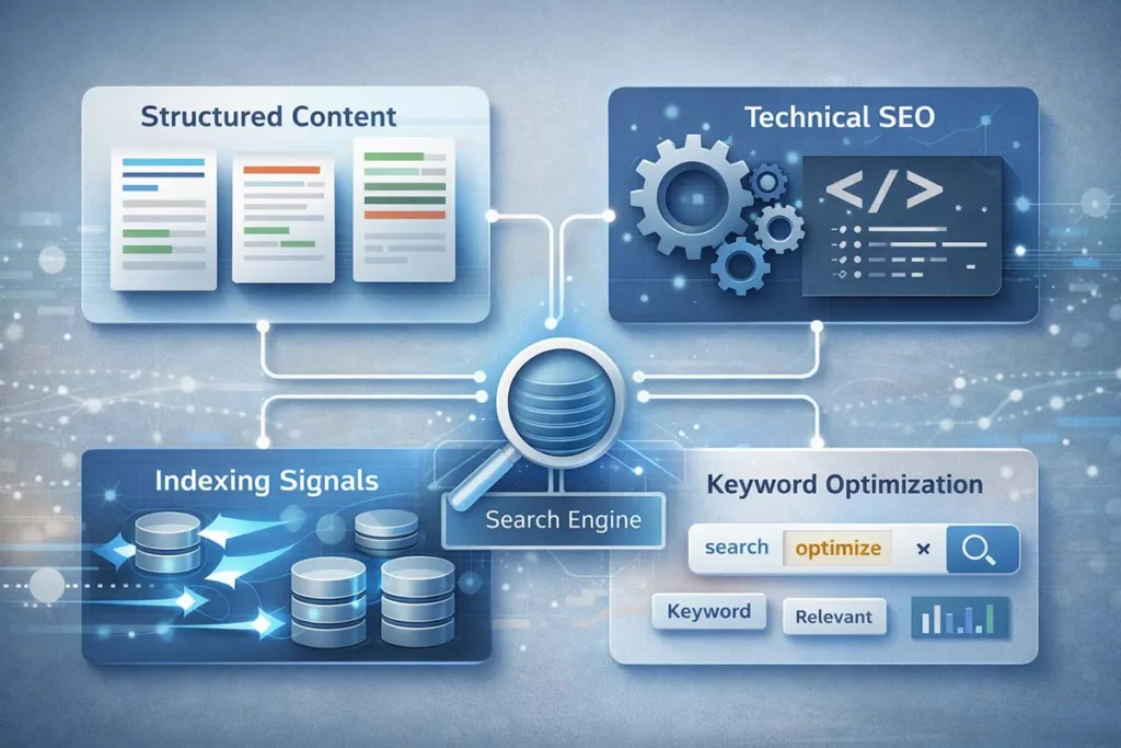 seo by highsoftware99.com process with structured content, technical SEO, indexing signals, and keyword optimization connected to search engine system