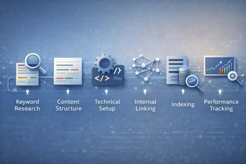 seo by highsoftware99.com workflow showing keyword research, content structure, technical SEO setup, internal linking, indexing, and performance tracking process