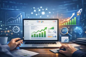 seo by highsoftware99.com concept with Google Search analytics, indexing progress, structured SEO signals, and rising organic traffic graph