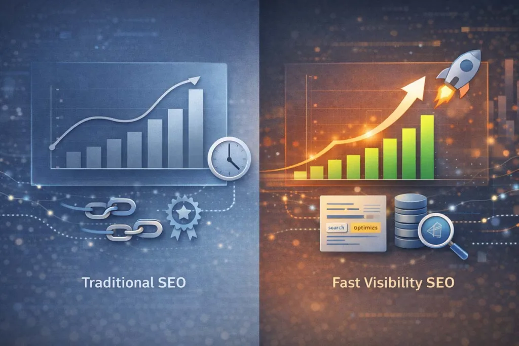 seo by highsoftware99.com comparison showing fast visibility growth versus traditional SEO slow growth with backlinks, indexing signals, and ranking factors
