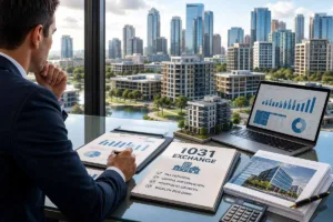 Investor reviewing a high-value 1031 exchange investment property with commercial buildings, financial reports, and city skyline background.