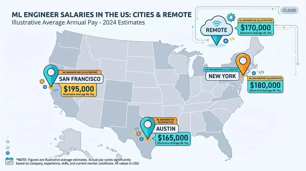 Droven.io Best AI Jobs in USA: Roadmap, Tips & Salaries 3 AI job salary by city USA 2026 showing geographic pay differences across San Francisco, New York, Austin, and remote