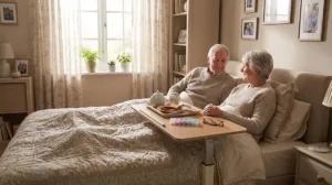 Elderly couple relaxing in bed with an adjustable over-bed table holding a breakfast tray, medication organiser, and reading glasses in a warm home bedroom