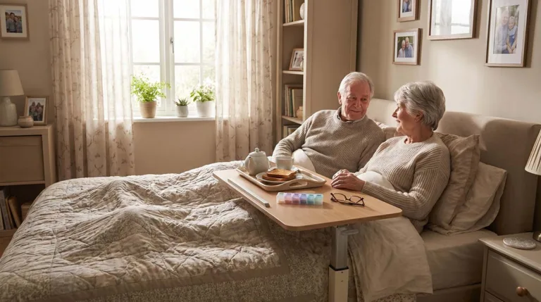 What Features Ageing Couples Appreciate in Bed Tables 23 Elderly couple relaxing in bed with an adjustable over-bed table holding a breakfast tray, medication organiser, and reading glasses in a warm home bedroom