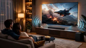 Couple enjoying cinematic audio and vivid picture quality on the best 65 inch mini led tv in a modern living room setup.