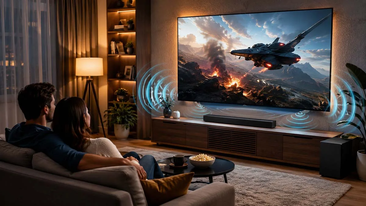 Couple enjoying cinematic audio and vivid picture quality on the best 65 inch mini led tv in a modern living room setup.