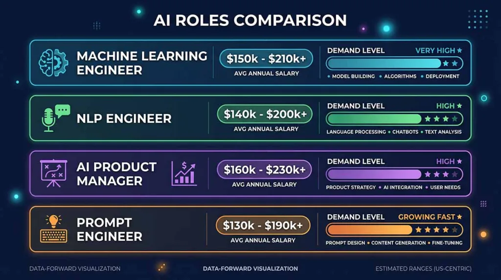 Droven.io Best AI Jobs in USA: Roadmap, Tips & Salaries 2 Best AI jobs in USA 2026 comparison showing ML Engineer, NLP Engineer, AI PM, and Prompt Engineer salary ranges
