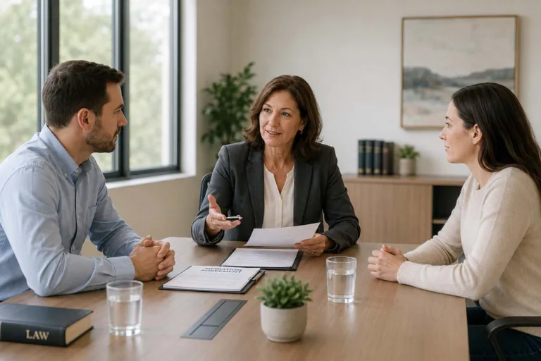 Two separated partners sitting across a conference table with a professional divorce mediation service specialist guiding a calm and structured discussion toward a fair agreement.
