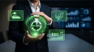 Business professional holding a digital green globe with sustainability icons representing top sustainability careers and ESG opportunities