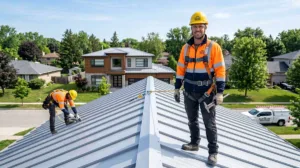 A professional metal roofing contractor in safety gear installs sleek silver-gray standing seam panels on a modern residential home under bright natural daylight.