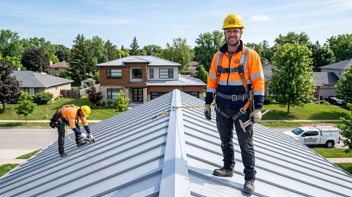 A professional metal roofing contractor in safety gear installs sleek silver-gray standing seam panels on a modern residential home under bright natural daylight.