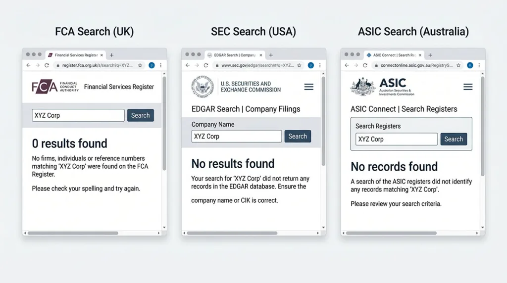 Adrian CryptoProNetwork: An Honest, Verified Guide 3 FCA SEC ASIC regulatory database search results for CryptoProNetwork