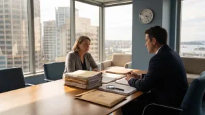 A person reviewing TPD claims documents with an insurance professional in a modern office, representing the complex evidence and assessment process behind TPD decisions.