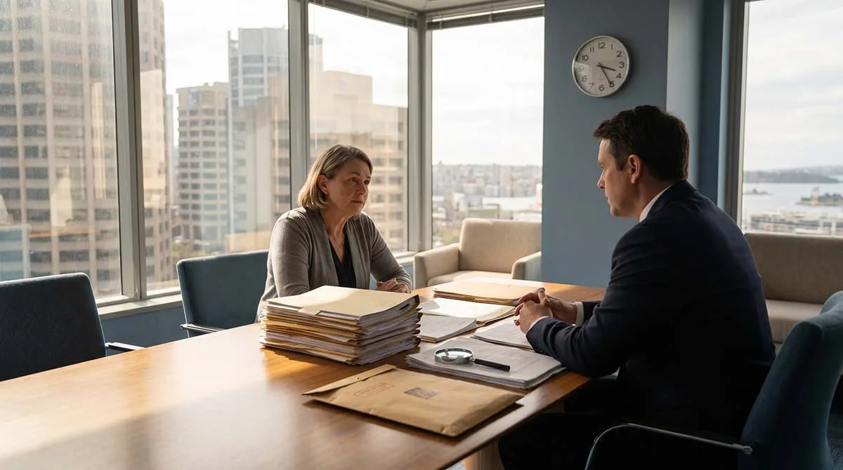A person reviewing TPD claims documents with an insurance professional in a modern office, representing the complex evidence and assessment process behind TPD decisions.