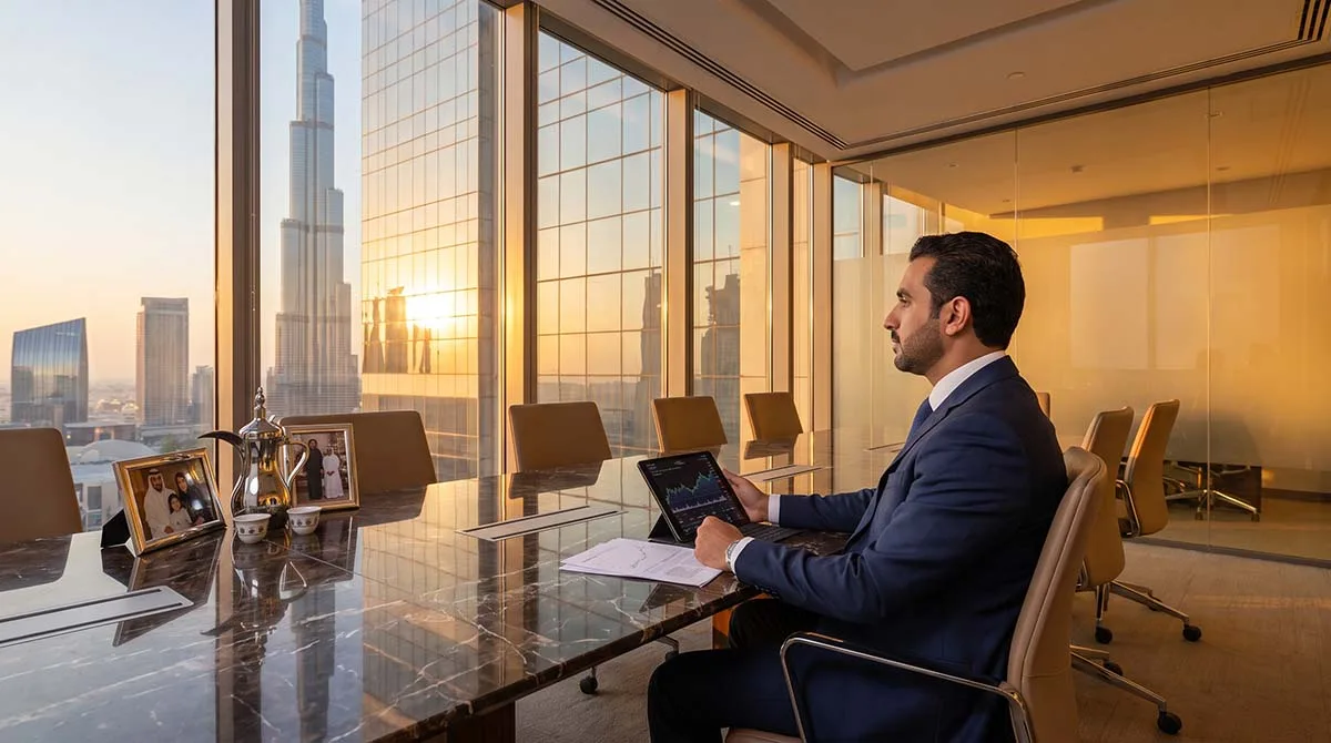A UAE entrepreneur reviewing wealth protection and legacy planning documents in a modern Dubai boardroom overlooking the city skyline at golden hour