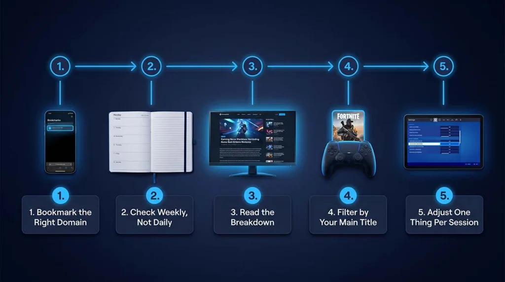 Five-step workflow for using ETeSporTech game updates to improve ranked preparation and meta adaptation
