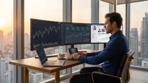A photorealistic HD trading workspace showing a professional copying forex trades free on dual monitors with live charts, a social trading dashboard, and real-time profit indicators