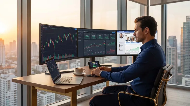 A photorealistic HD trading workspace showing a professional copying forex trades free on dual monitors with live charts, a social trading dashboard, and real-time profit indicators