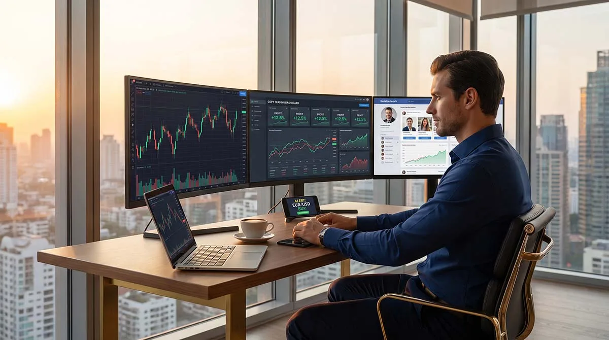 A photorealistic HD trading workspace showing a professional copying forex trades free on dual monitors with live charts, a social trading dashboard, and real-time profit indicators