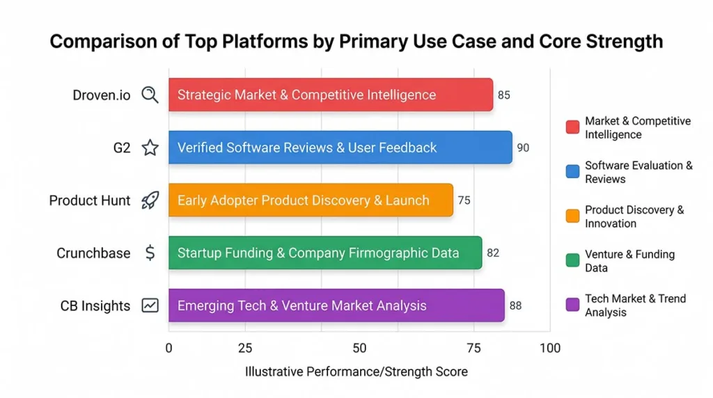 Droven.io vs G2 vs Crunchbase vs Product Hunt AI research platform comparison