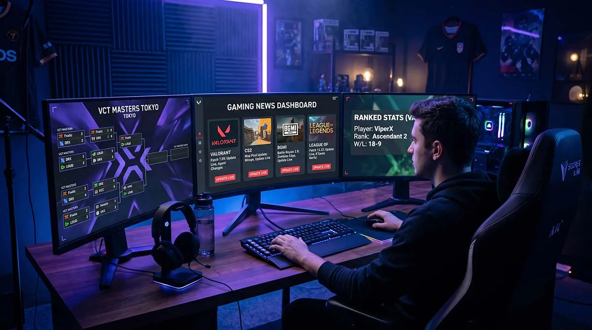 ETeSporTech update on games dashboard showing patch alerts for Valorant, CS2, BGMI, and LoL