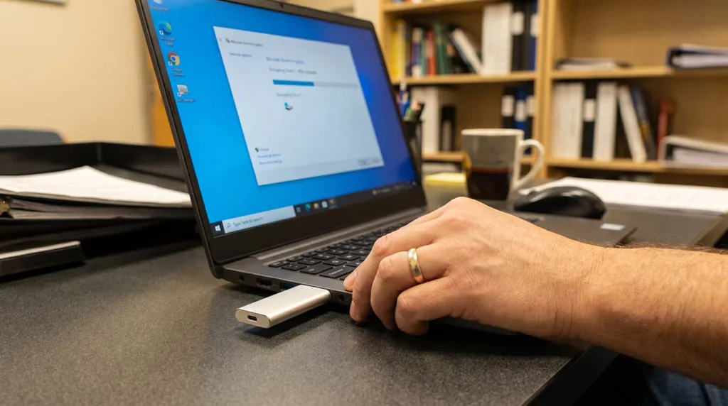Hand connecting an external drive to a laptop while a BitLocker encryption setup screen is visible on the monitor