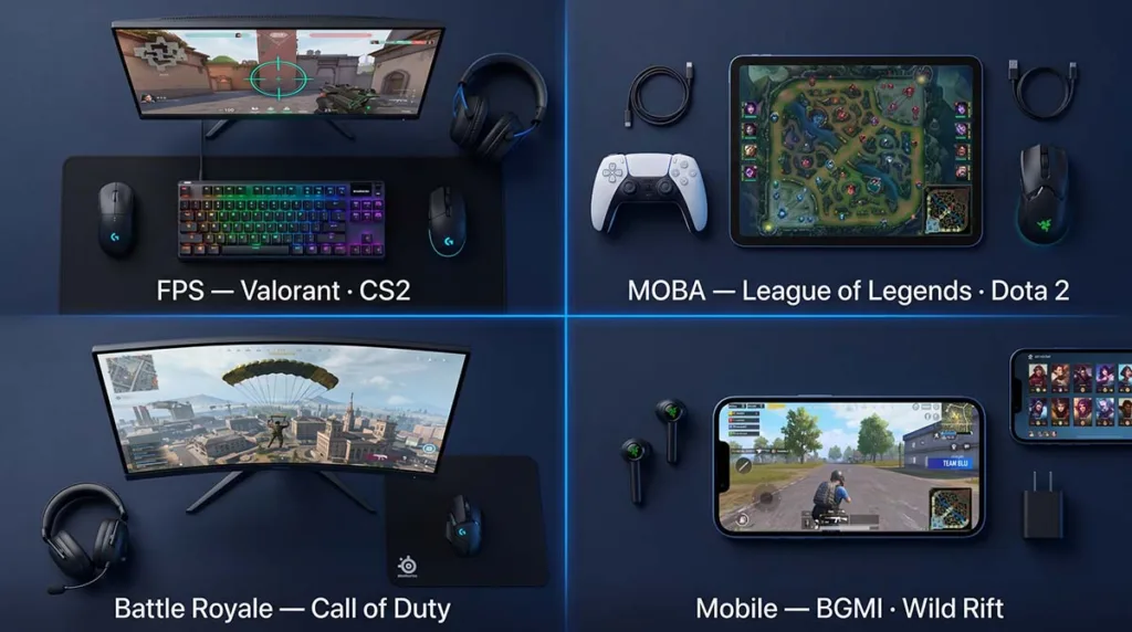 Genre coverage grid showing FPS, MOBA, battle royale, and mobile titles tracked by ETeSporTech game updates