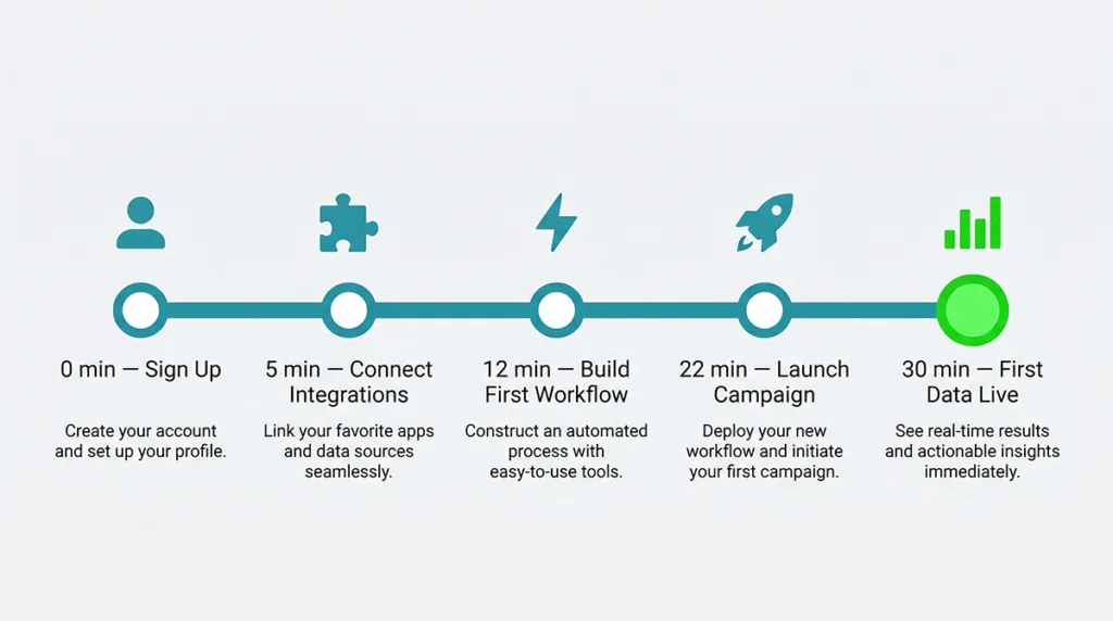 GenBoosterMark 30-minute onboarding timeline showing milestones from sign-up to first live campaign data