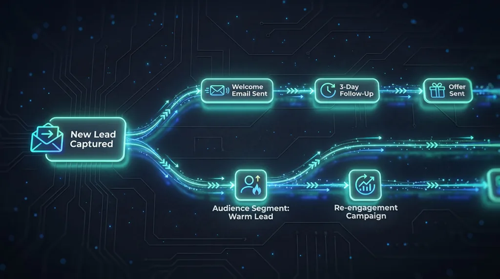 GenBoosterMark campaign workflow builder showing automated branching sequences from lead capture through email follow-up and audience segmentation