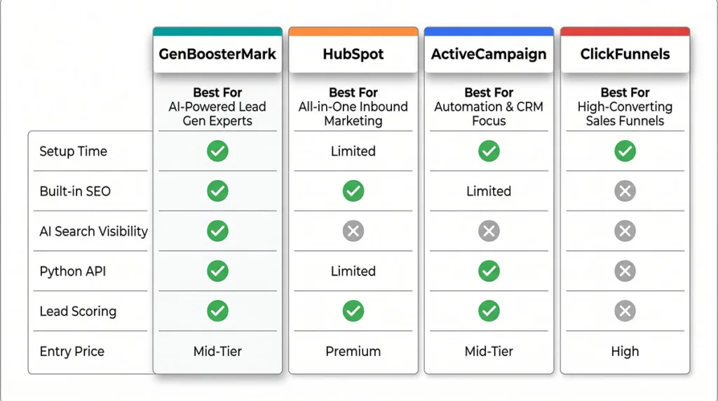 Feature comparison scorecard for GenBoosterMark, HubSpot, ActiveCampaign, and ClickFunnels showing setup time, SEO tools, AI visibility, Python API, and pricing