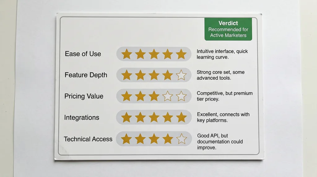 GenBoosterMark software review scorecard showing star ratings for ease of use, feature depth, pricing value, integrations, and technical access
