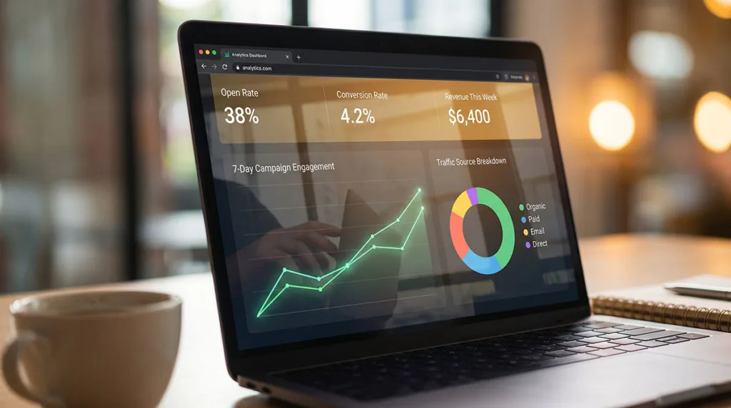 GenBoosterMark real-time analytics dashboard showing live campaign engagement, conversion rate, and revenue data on a laptop screen
