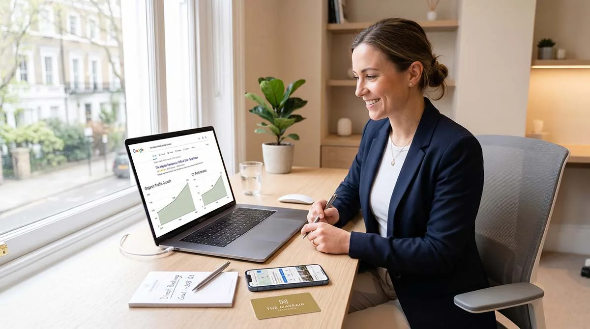 Hotel marketing professional analyzing organic search rankings on a laptop with direct booking growth graph on screen