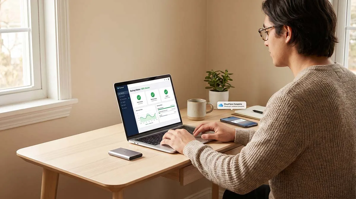 Person showing how Zillexit software can be stored safely across multiple storage devices including external drive and cloud storage on a clean office desk