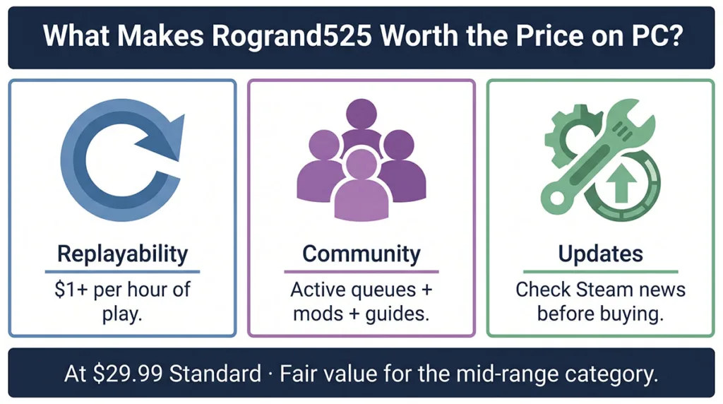 Is the Rogrand525 game on PC worth the price — value breakdown by replayability, community size and post-launch support at $29.99 Standard Edition