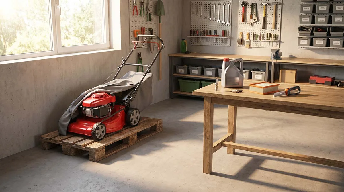 A clean red push lawn mower on a wooden pallet in a garage with oil, spark plug, air filter, and blade tools on a nearby workbench representing proper lawn mower storage preparation
