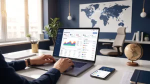 A remote professional managing cross-border finances for remote teams on a laptop with a multi-currency financial dashboard