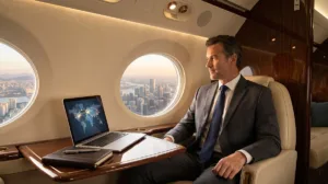 A global executive reviewing multi-city travel strategies on a laptop inside a private jet cabin with an aerial city skyline visible through the window