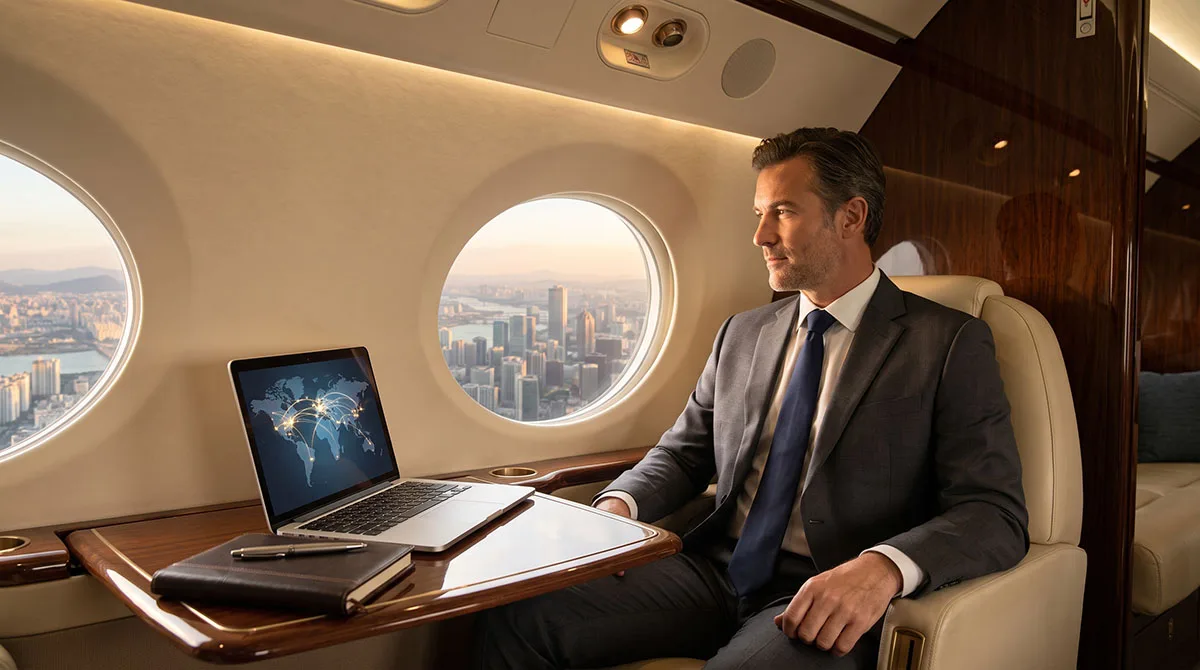 A global executive reviewing multi-city travel strategies on a laptop inside a private jet cabin with an aerial city skyline visible through the window