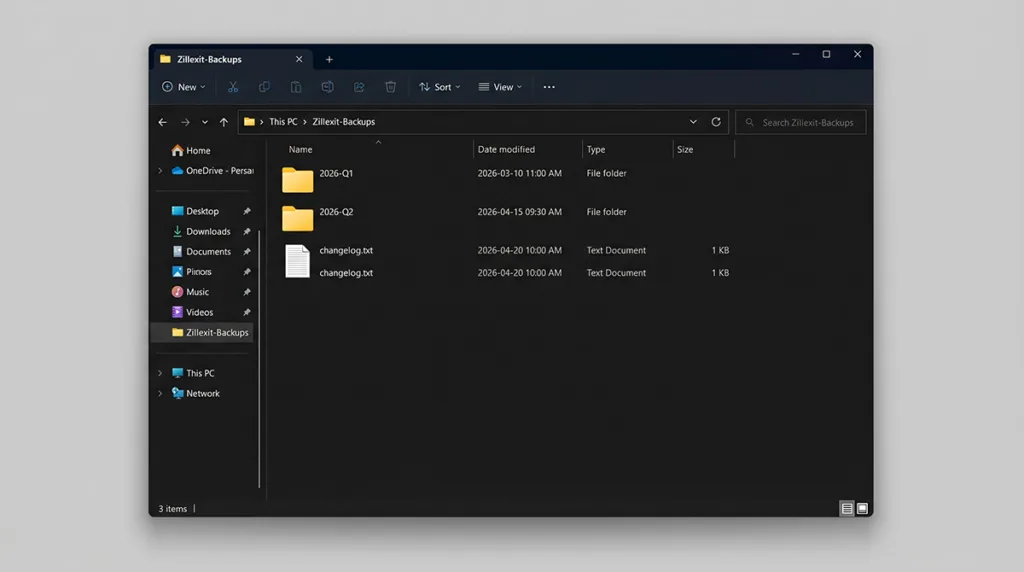 File explorer window showing an organized software backup folder structure with version-labeled subfolders and a changelog text file