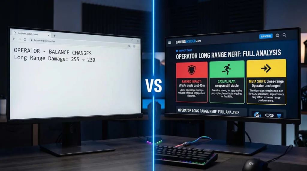 Diagram comparing raw patch notes to ETeSporTech's competitive breakdown for Valorant Operator damage change