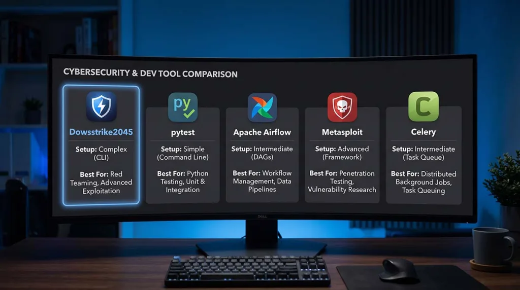 Dowsstrike2045 Python: Real or Concept? Complete Review 4 Comparison of Dowsstrike2045 Python against pytest Apache Airflow Metasploit and Celery showing primary roles and setup effort