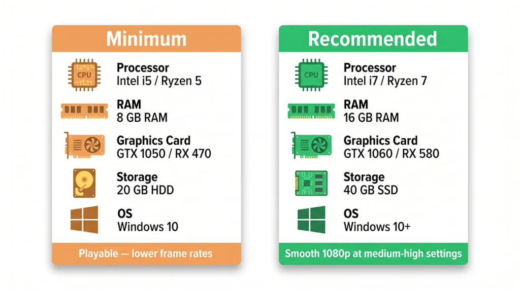 Rogrand525 PC system requirements — minimum specs GTX 1050 and 8GB RAM versus recommended specs GTX 1060 and 16GB RAM for smooth gameplay